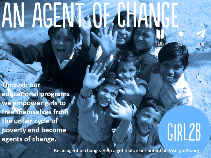 A group of girls smiling and waving with text overlay about empowerment through educational programs, and a link to girl2b.org.